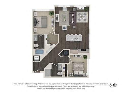 Floor plan for 2 beds, 2 baths, 1044 sqft